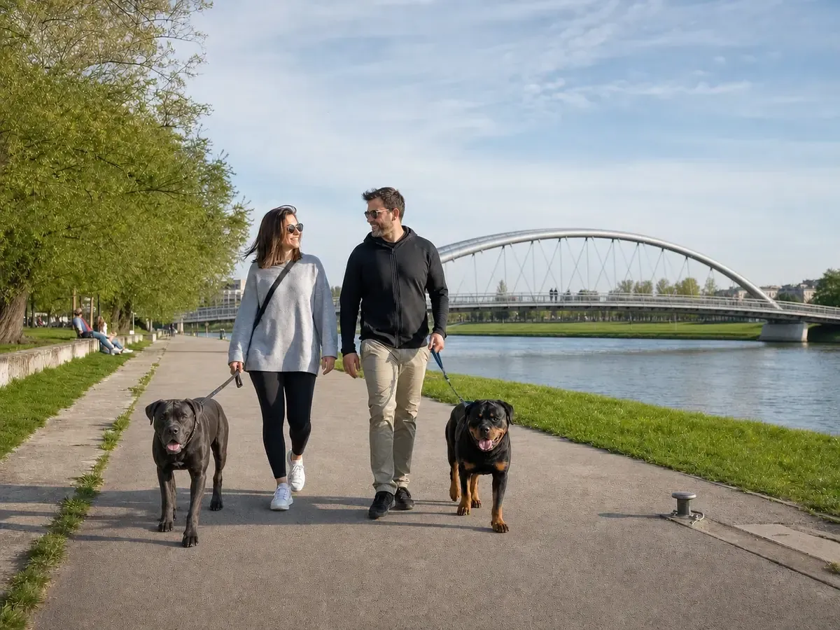 Para spacerująca równolegle z cane corso i rottweilerem na Bulwarach Wiślanych w Krakowie