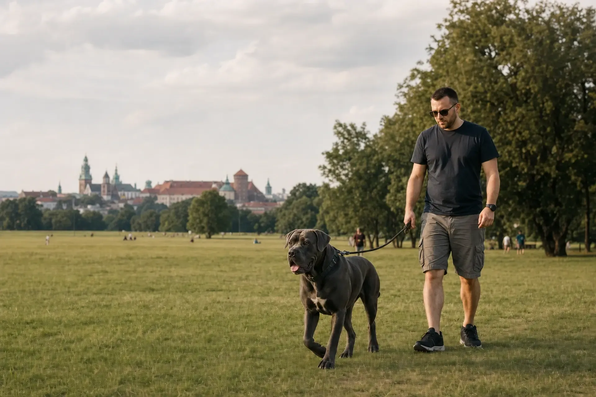 Spokojny cane corso na smyczy podczas spaceru z opiekunem na krakowskich Błoniach