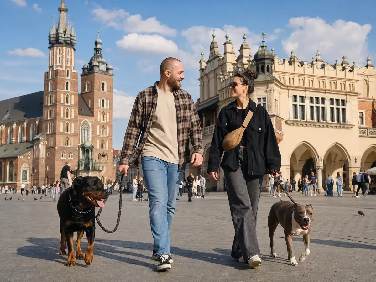 Dwoje opiekunów spacerujących z rottweilerem i amstaffem po Rynku Głównym w Krakowie