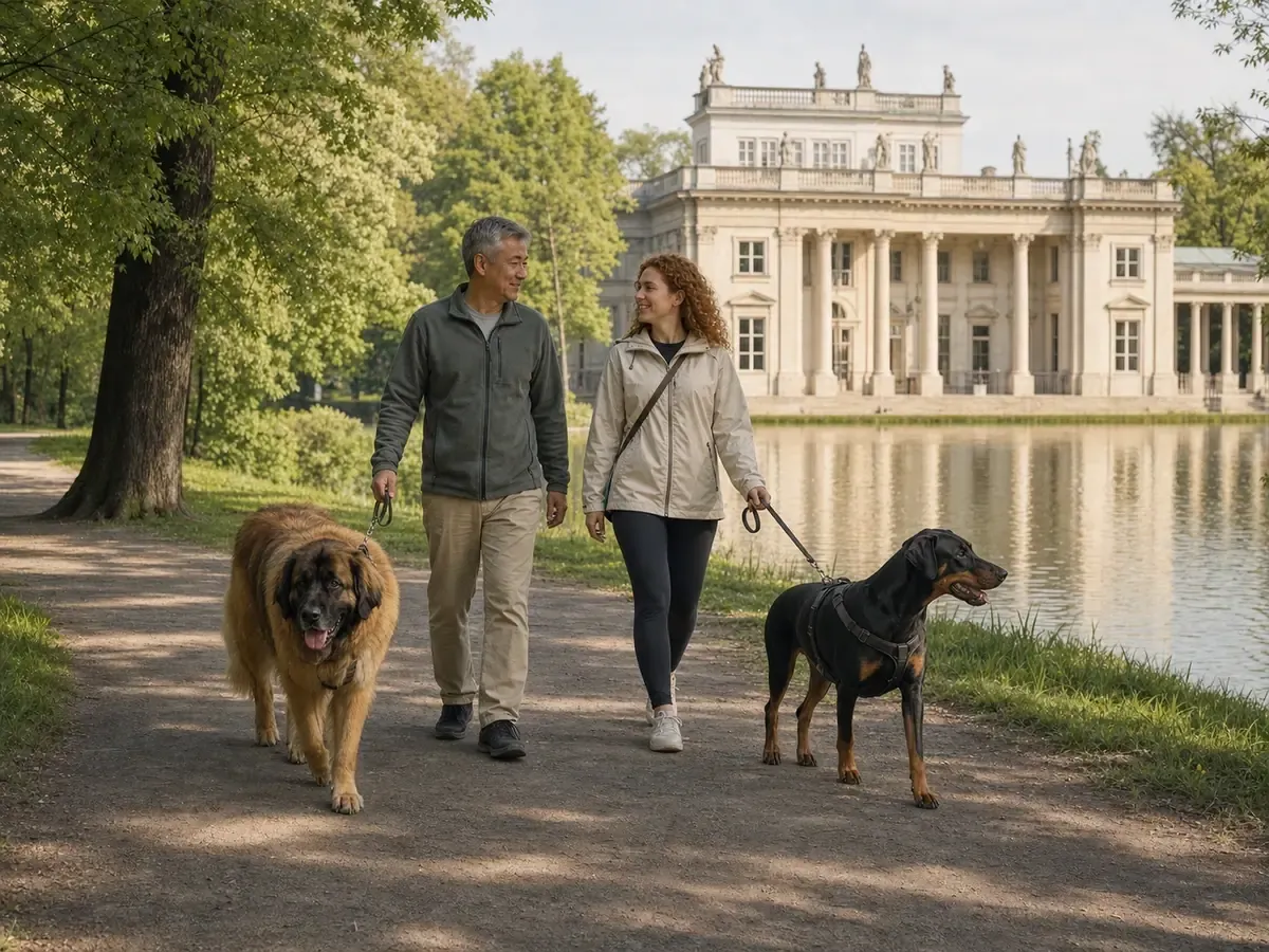 Para spaceruje równolegle z leonbergerem i dobermanem przy Pałacu na Wyspie w Łazienkach Królewskich