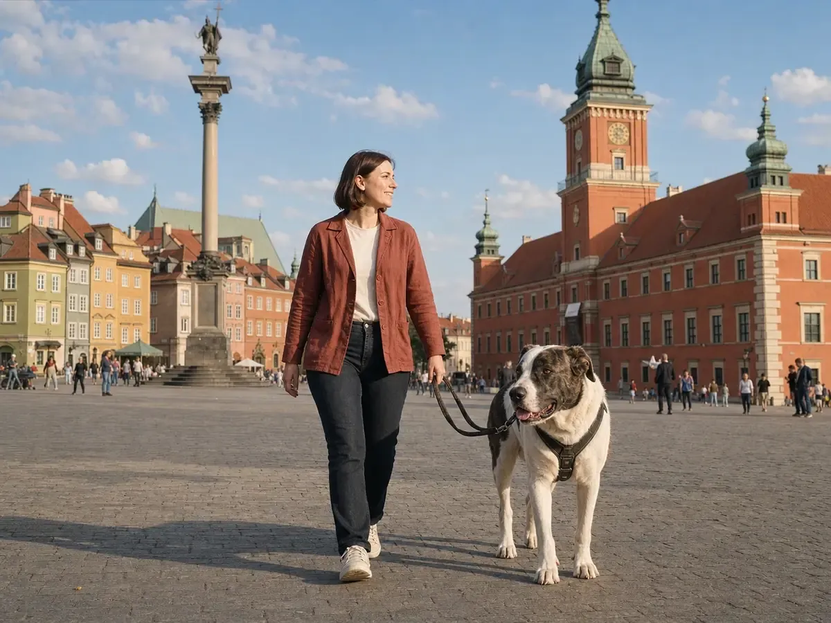 Opiekunka spaceruje z dużym psem po placu Zamkowym przed Zamkiem Królewskim i Kolumną Zygmunta