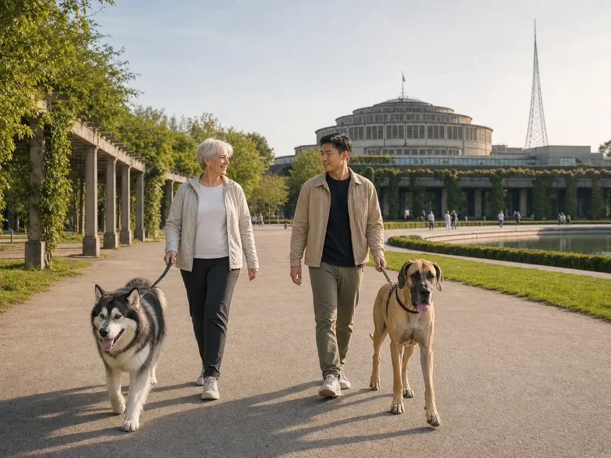 Dwie osoby spacerują równolegle z alaskanem malamute i dogiem niemieckim przy Hali Stulecia i Pergoli