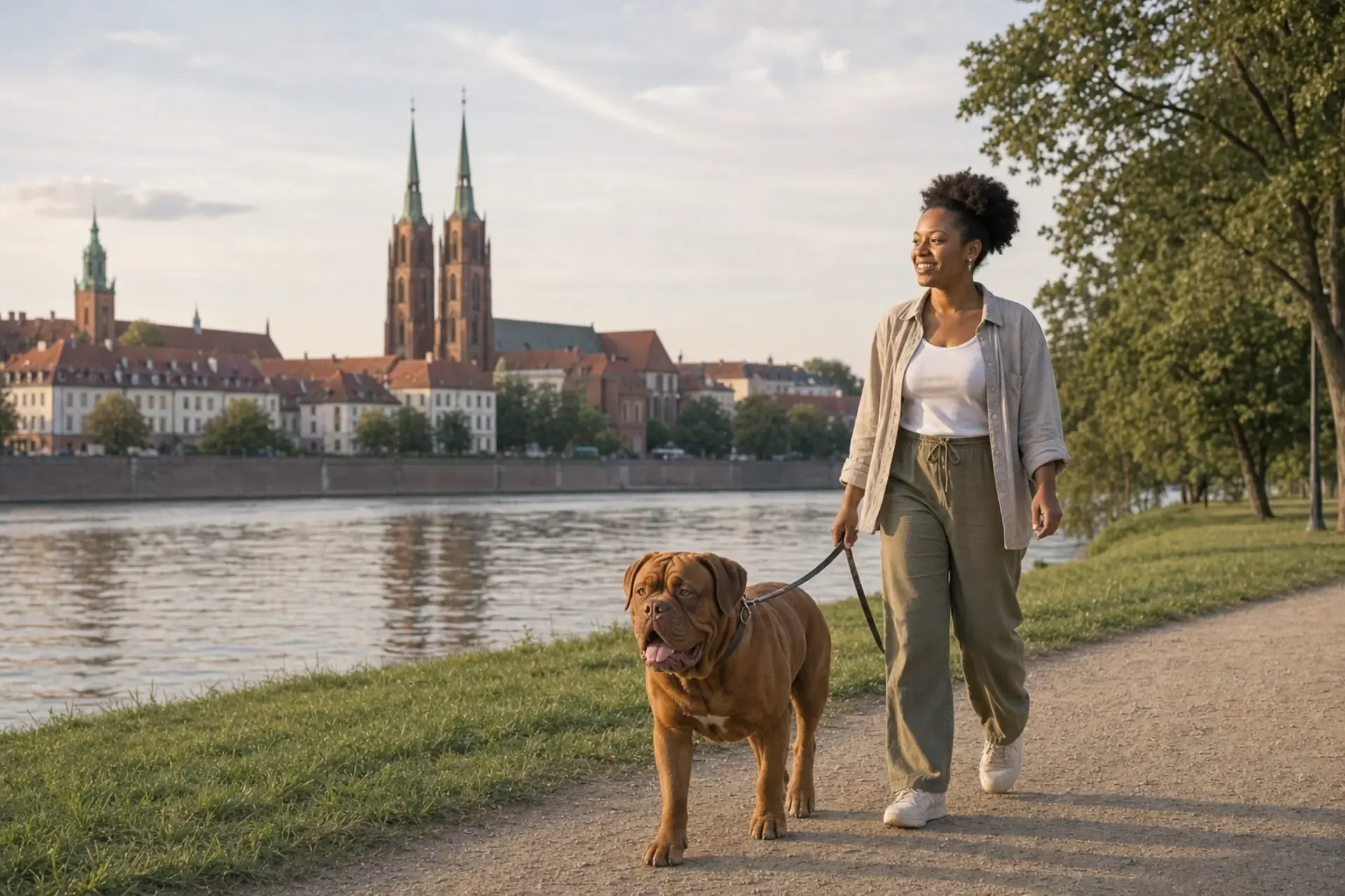 Opiekunka spaceruje z dogiem z Bordeaux nad Odrą, z Ostrowem Tumskim i wieżami katedry w tle