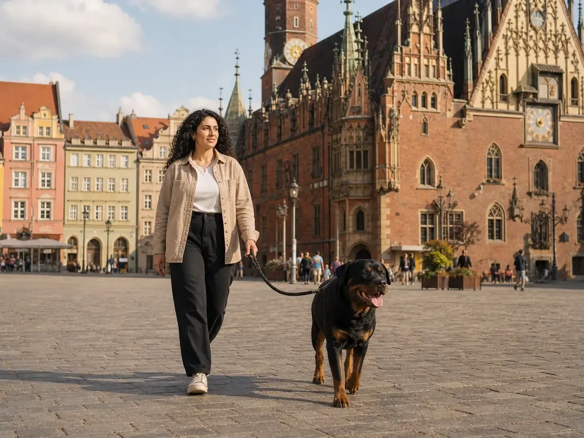 Opiekunka spaceruje z rottweilerem po wrocławskim Rynku przed gotyckim Starym Ratuszem
